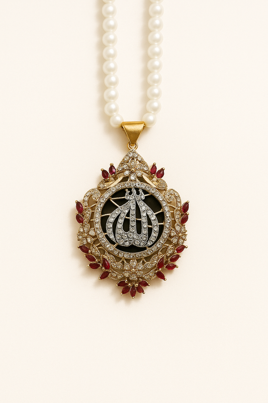 Allah name calligraphy pendant with pearl mala gold-plated Islamic jewelry.
Closeup of Allah pendant and pearl mala for Eid Ramzan gift.
Studio shot of Allah calligraphy necklace with double pearl chain.