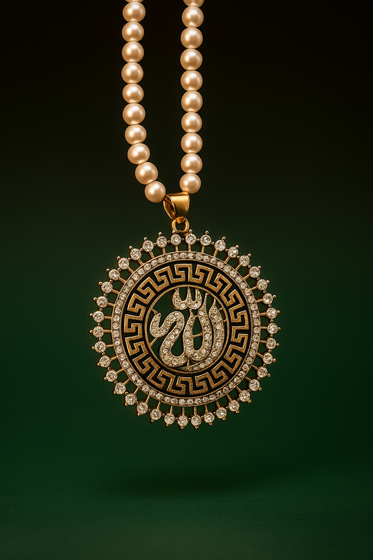 Elegant Allah pendant with pearl chain on green velvet background
Muslim woman wearing Arabic calligraphy Allah necklace
Zoomed shot of pearl locket with crystal border pendant
Gift-ready packaging of Islamic Allah locket necklace