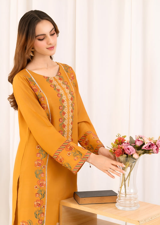 Mustard yellow embroidered 2-piece cotton suit with floral detailing on shirt and trousers – Mustard Hill by Achi Cheezay.